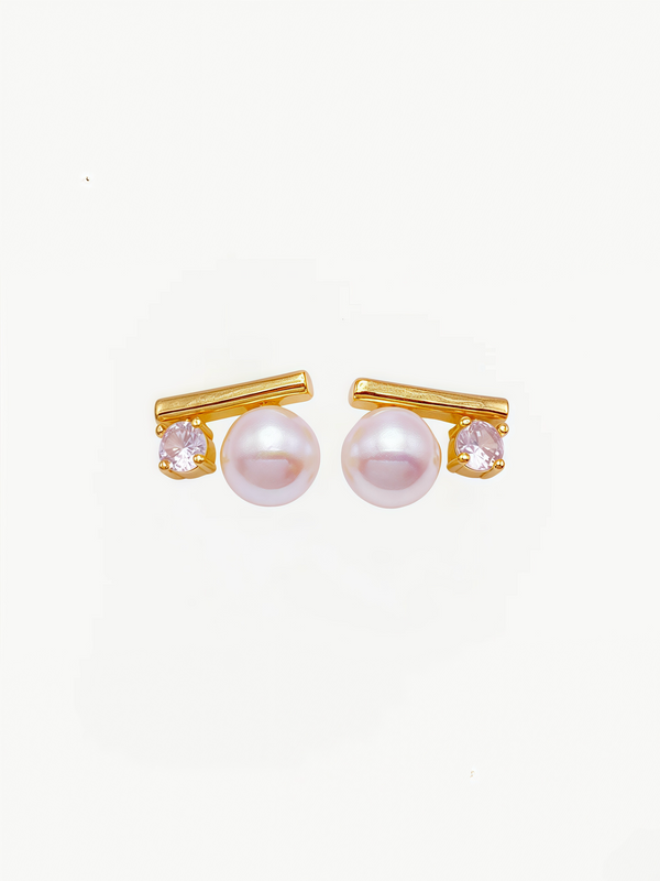 Balance Beam Pearl Zircon Stud Earrings